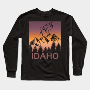 Idaho Sunset Wolf Howling at The Moon Trees and Mountains Long Sleeve T-Shirt